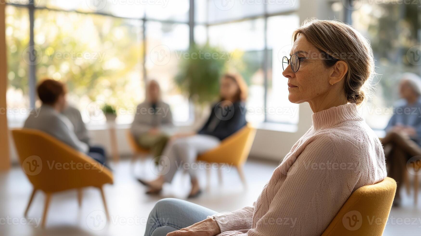 Group therapy session with a psychologist in a serene setting photo