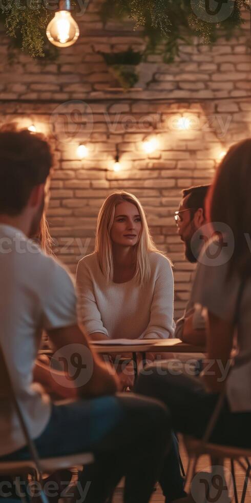 A group of people sitting around a table in a restaurant photo