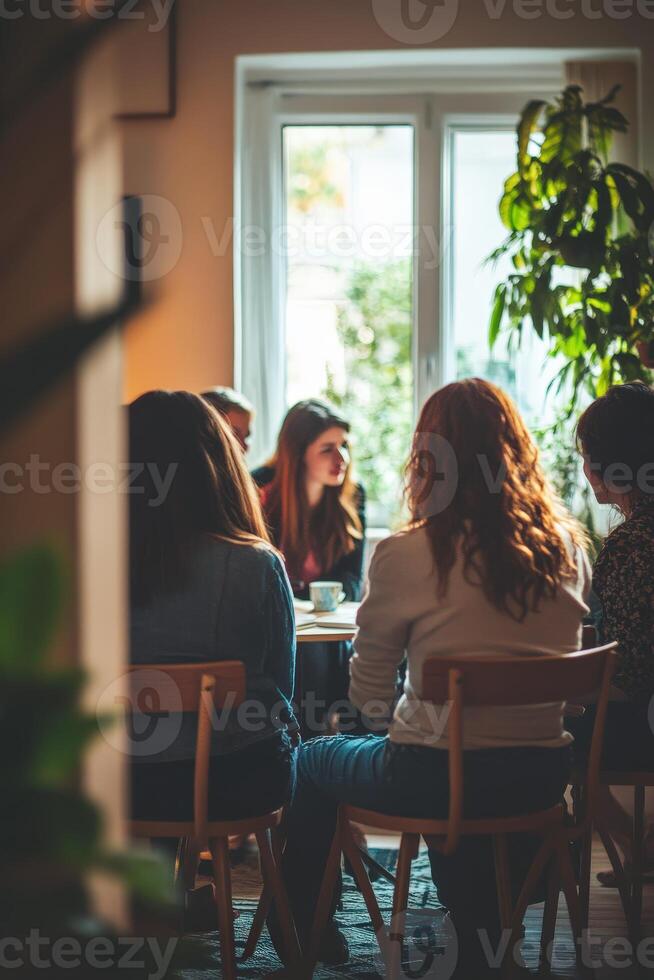 A group of people sitting around a table in a room photo