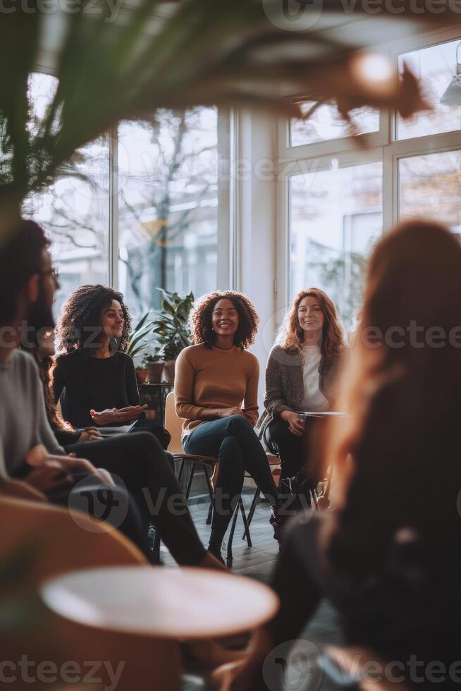 Group therapy session with diverse participants in nature photo