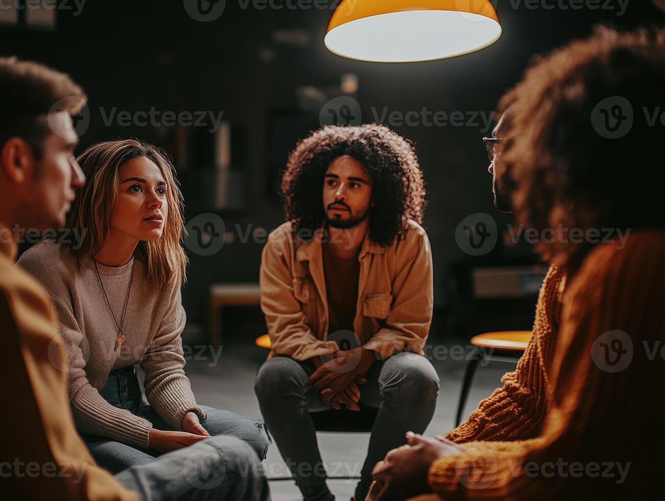 Group therapy session with a psychologist in a cozy setting photo