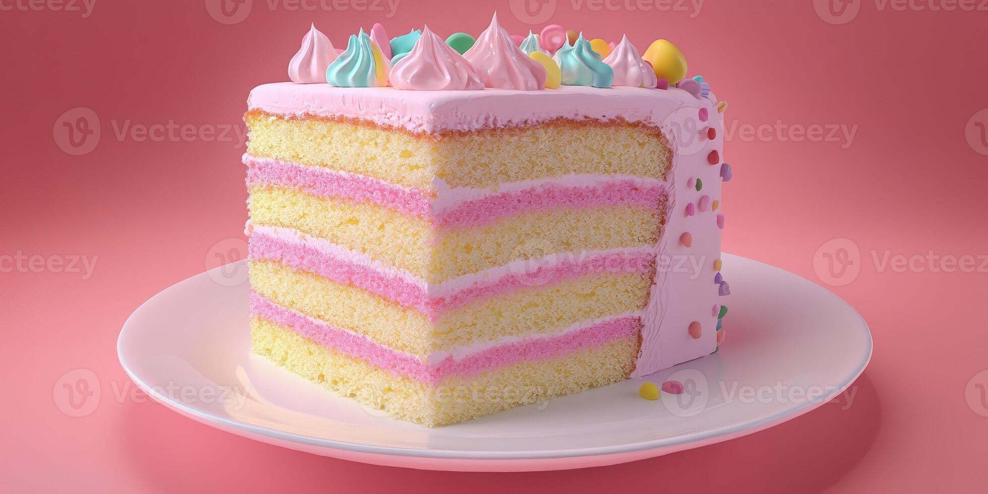 A piece of cake on a plate with pink and yellow frosting photo