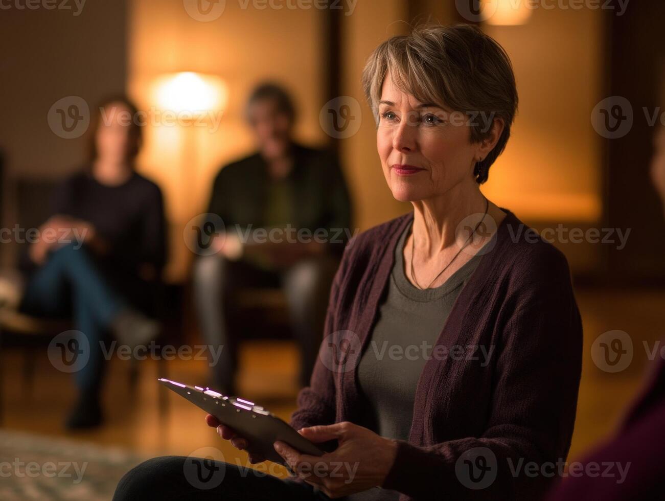 A woman sitting in a chair with her tablet photo
