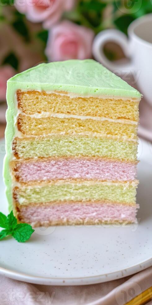 A slice of cake with a green, yellow and pink layer photo