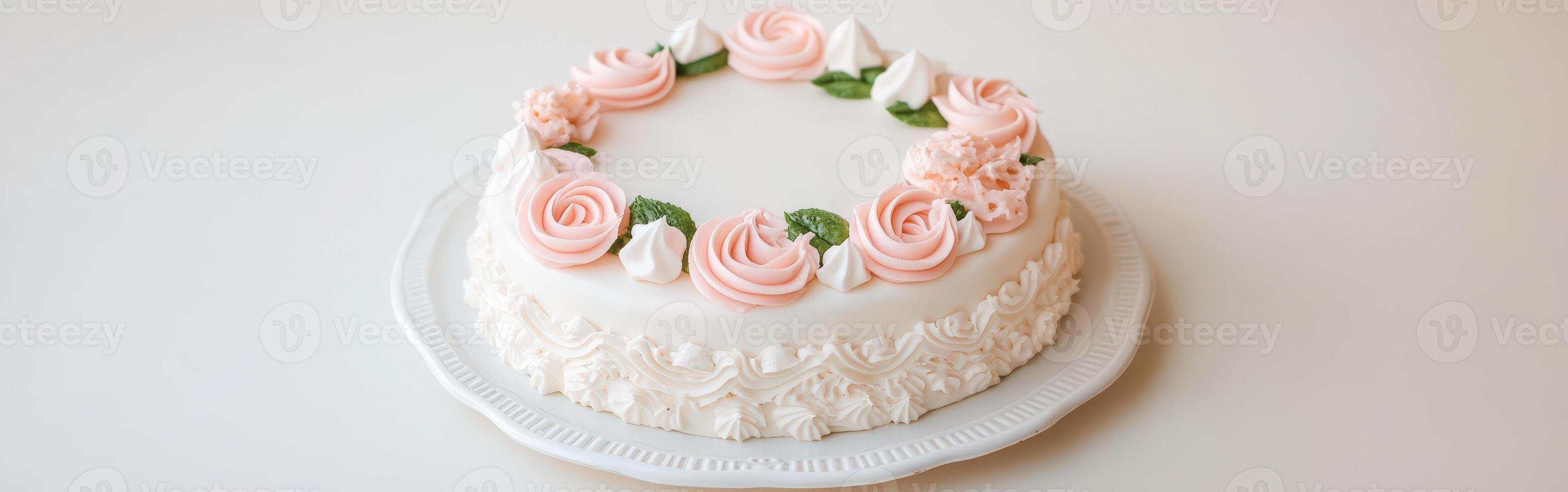 A white cake with pink roses on top photo