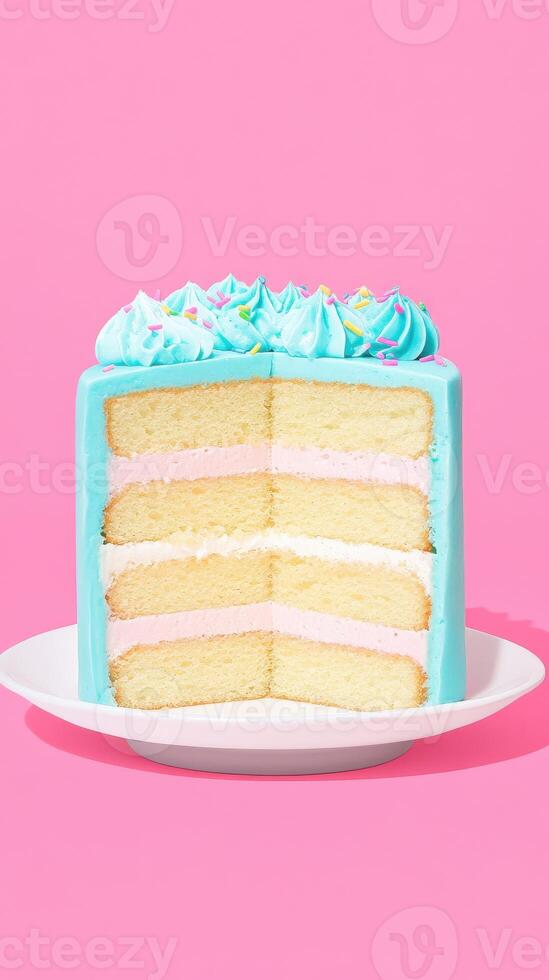 A slice of cake on a plate on a pink background photo