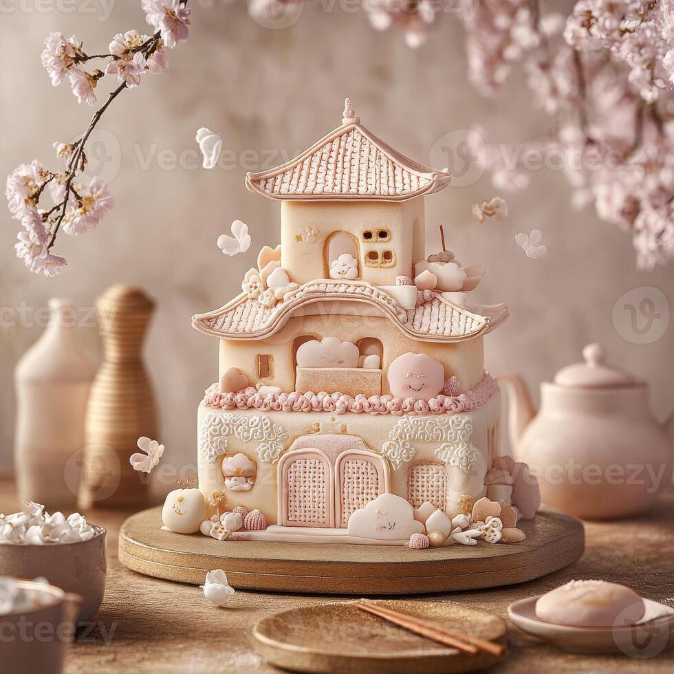 Delicate bento cake inspired by a traditional structure photo