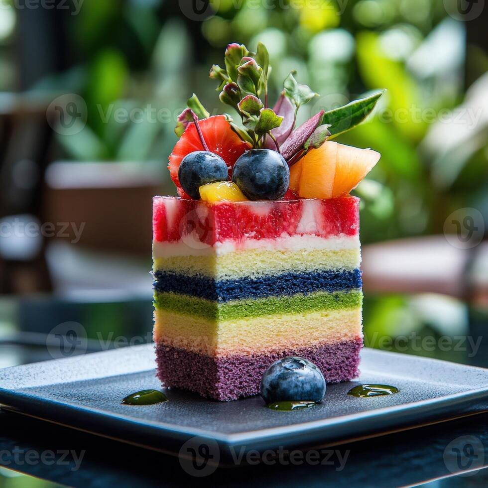 Colorful bento cake topped with fresh fruit slices photo
