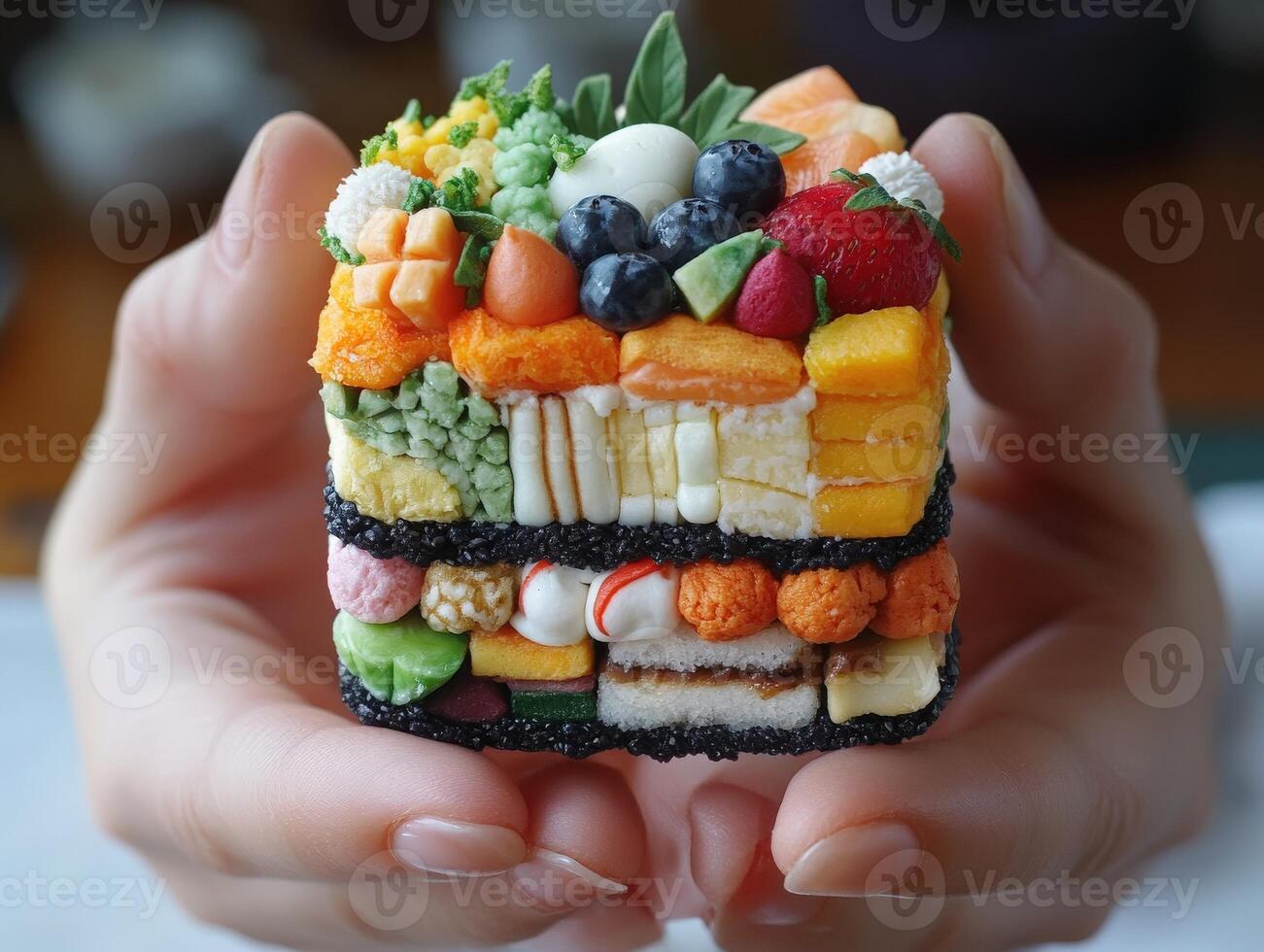 Delightful bento cake with vibrant toppings on display photo