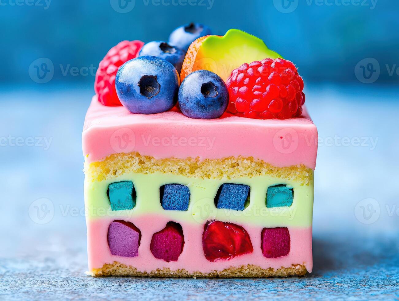 A piece of cake with colorful frosting and berries photo