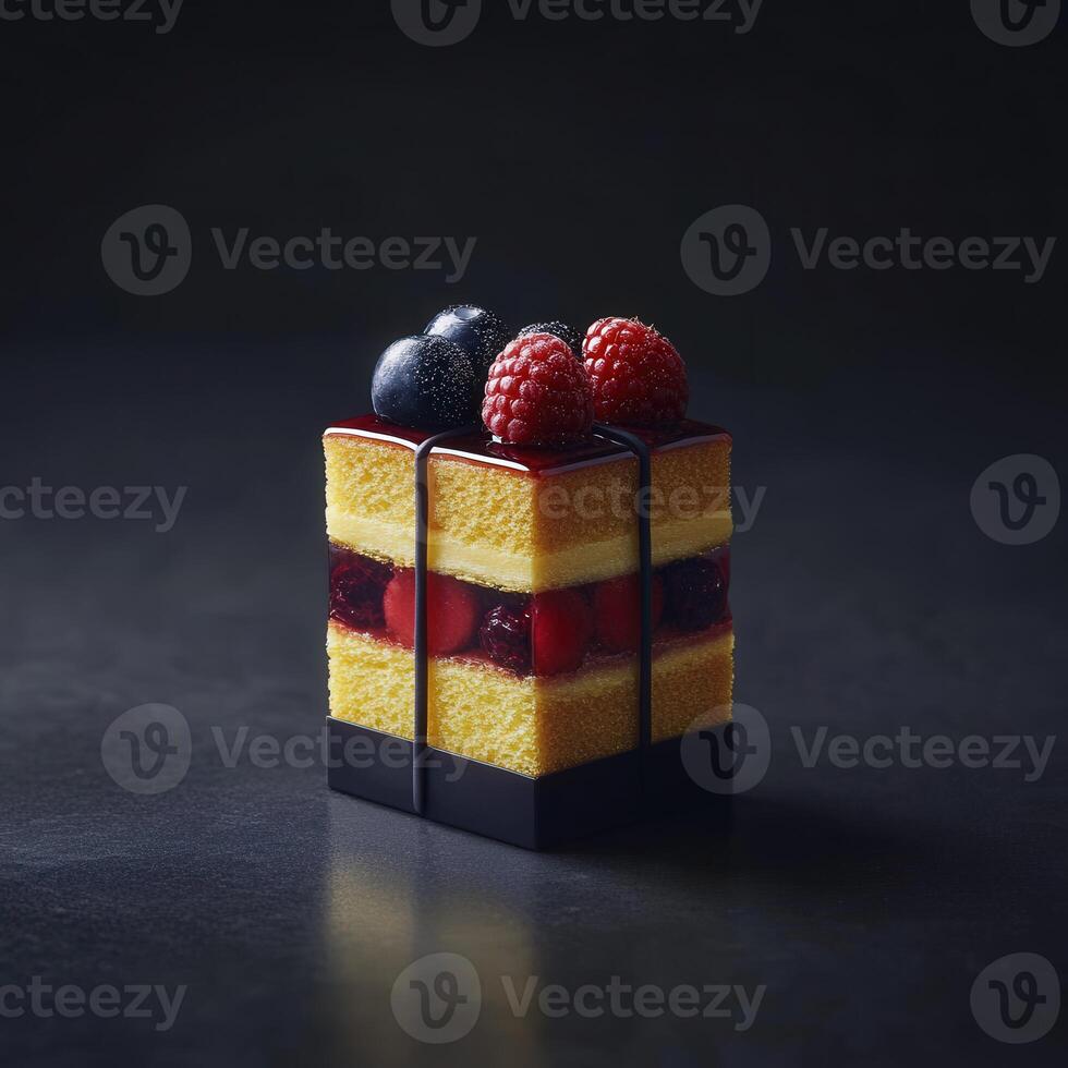 Delicious bento cake with fresh berries and layers photo