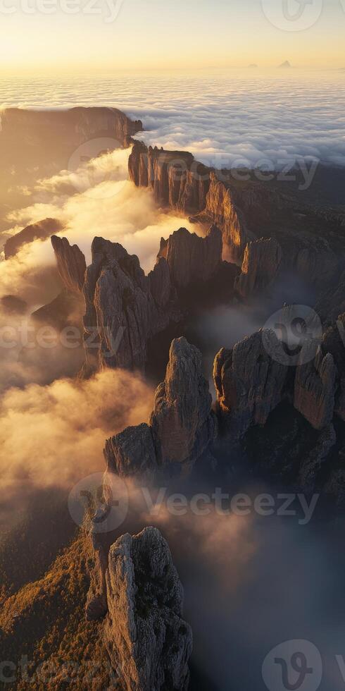 Sunset over mountain cliffs photo