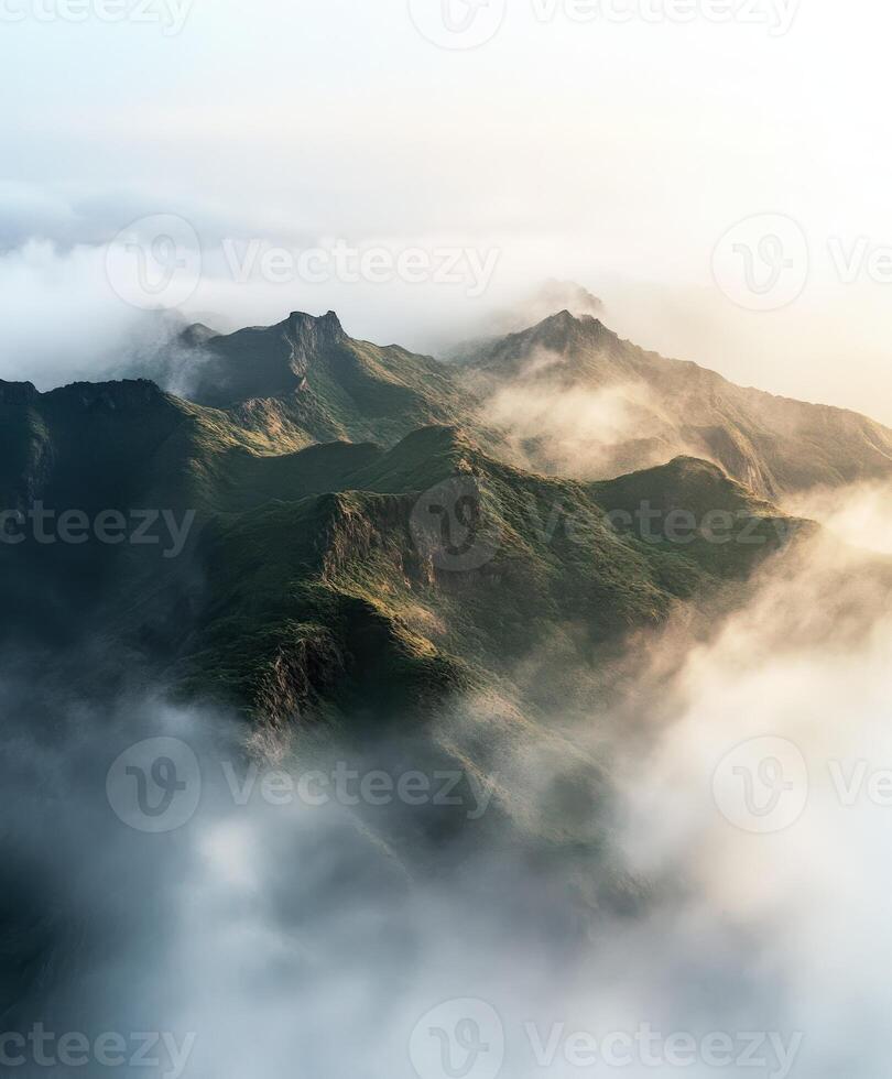Aerial view of mountains covered in fog photo
