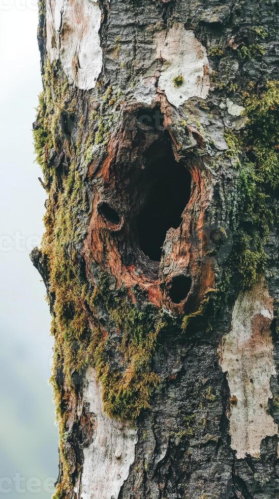A hole in a tree with moss growing on it photo
