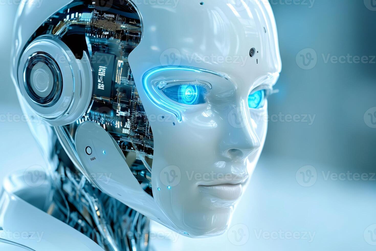 Advanced humanoid robot showing internal circuits and glowing blue eyes photo