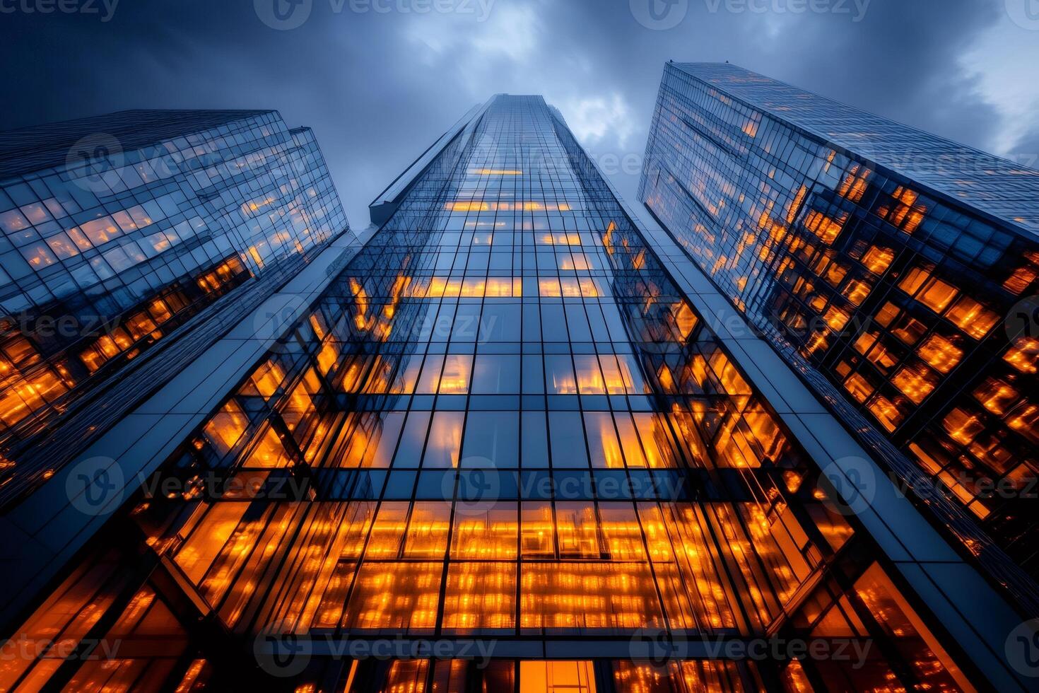 Modern skyscrapers rising up at dusk, creating a stunning cityscape photo