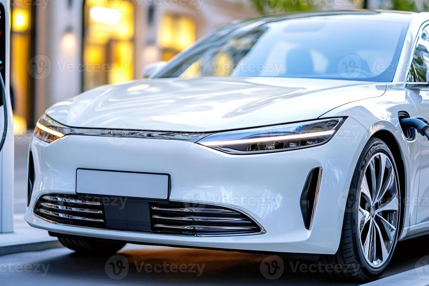 Stylish electric car is charging at power station in city photo