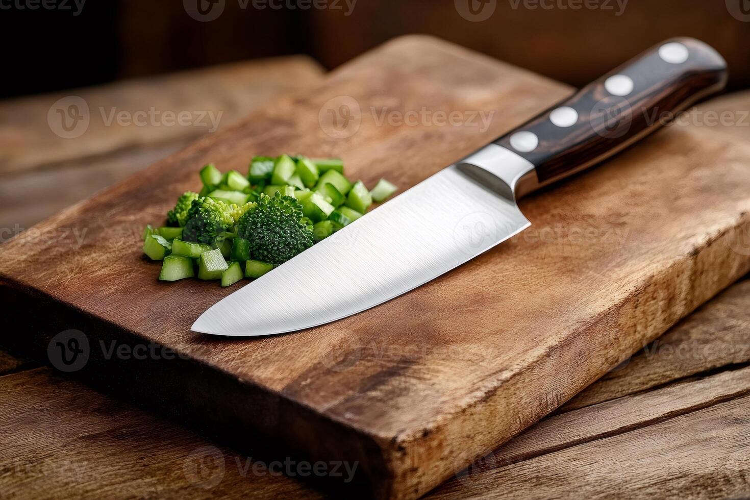 Chef knife lying on wooden cutting board with chopped broccoli florets photo