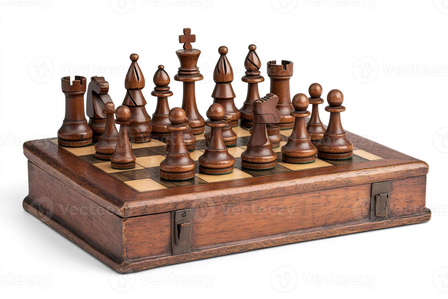 Wooden chessboard with chess pieces arranged showing beginning of game photo