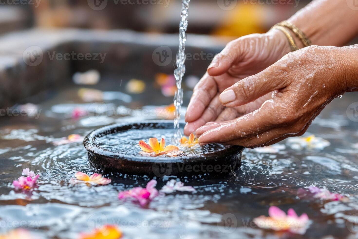 Woman performing hinduist ritual collecting water with flowers in stone fountain photo