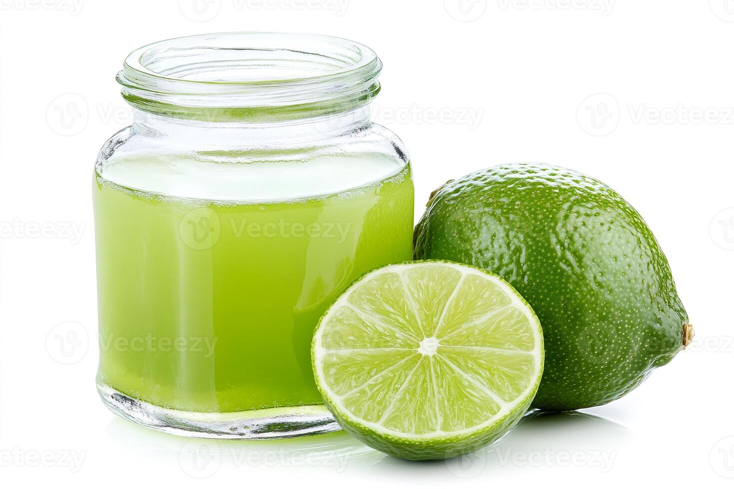 Fresh lime juice in a glass jar with whole and cut limes photo