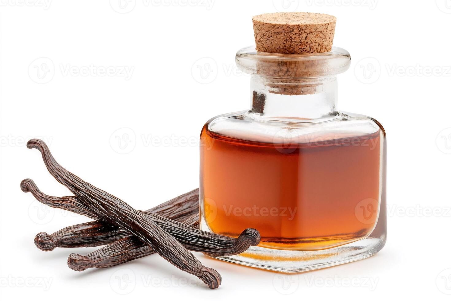 Vanilla extract in a glass bottle with cork cap and vanilla pods on white background photo
