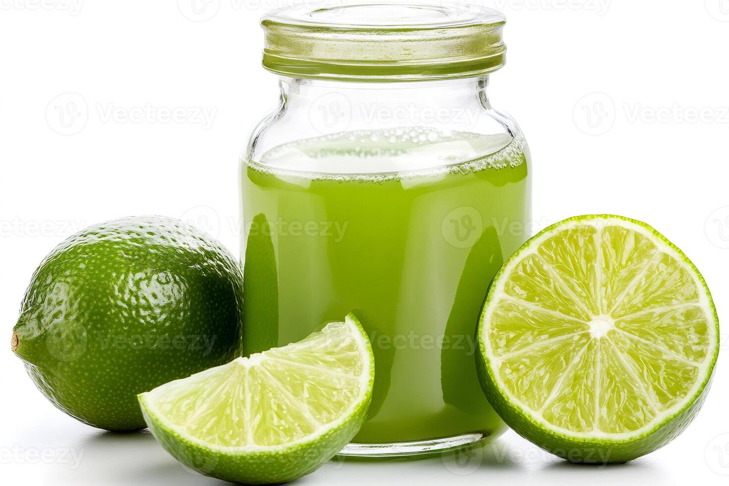 Fresh lime juice in a glass bottle with whole and cut limes photo