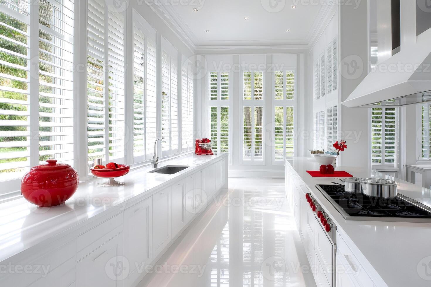 Modern white kitchen with open plantation shutters illuminating cooking space photo