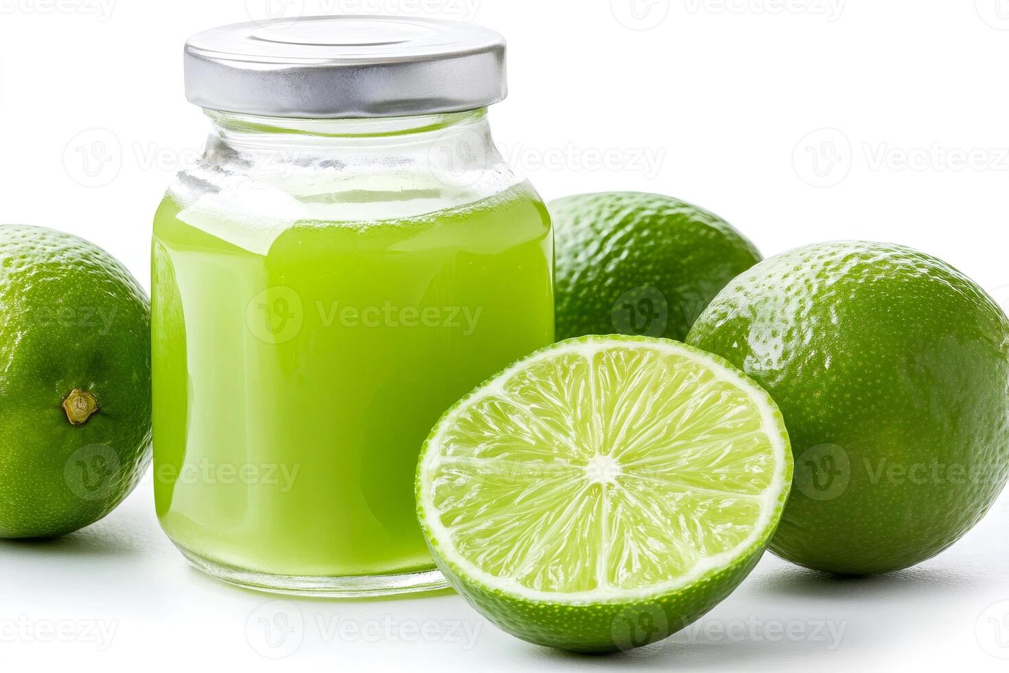 Fresh lime juice in a glass bottle surrounded by limes photo
