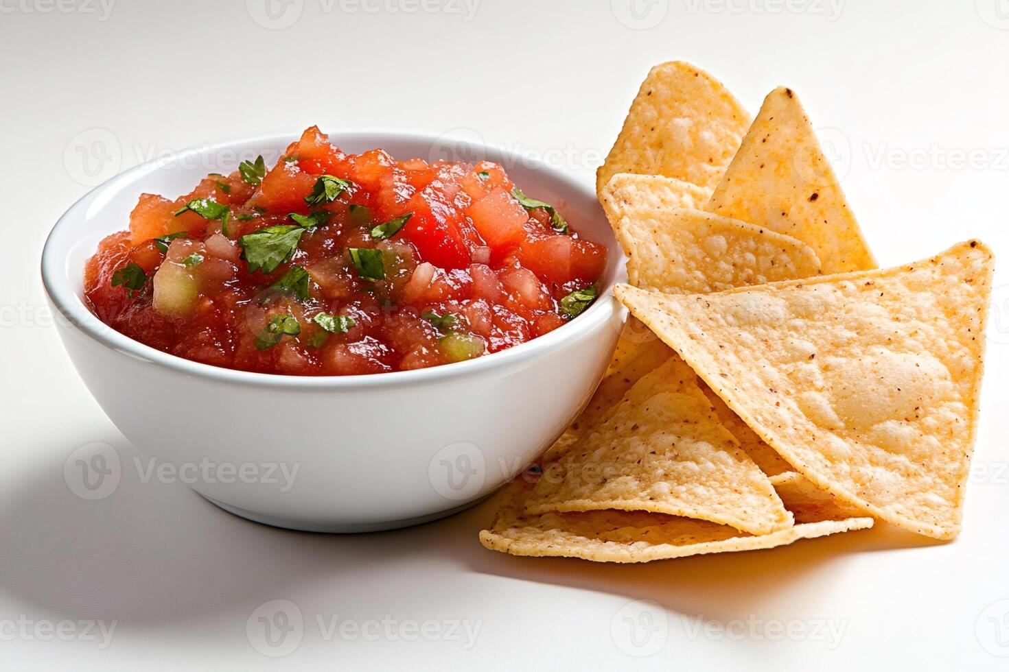 White bowl of fresh tomato salsa with tortilla chips photo