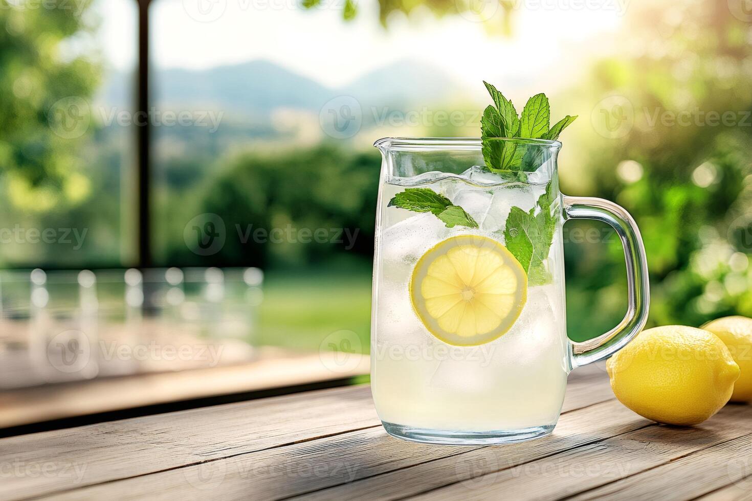 Refreshing lemonade with mint and ice cubes in glass pitcher on wooden table photo
