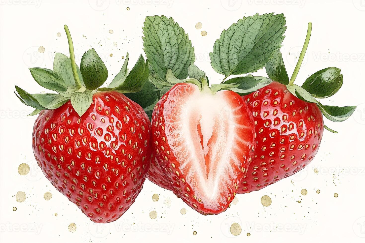 Fresh strawberries with leaves showing a heart shape on white background photo