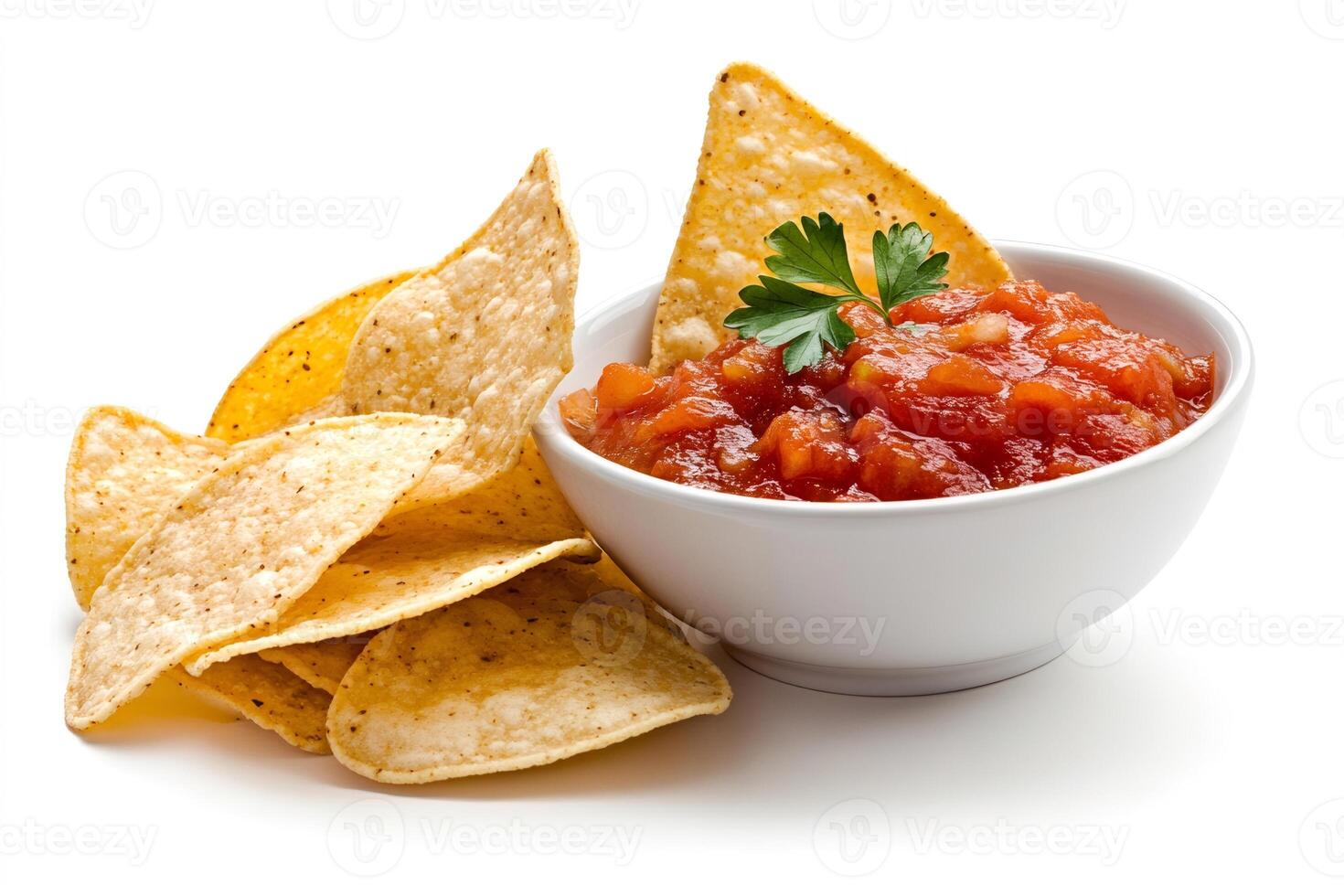 Tortilla chips dipping into salsa sauce in white bowl photo