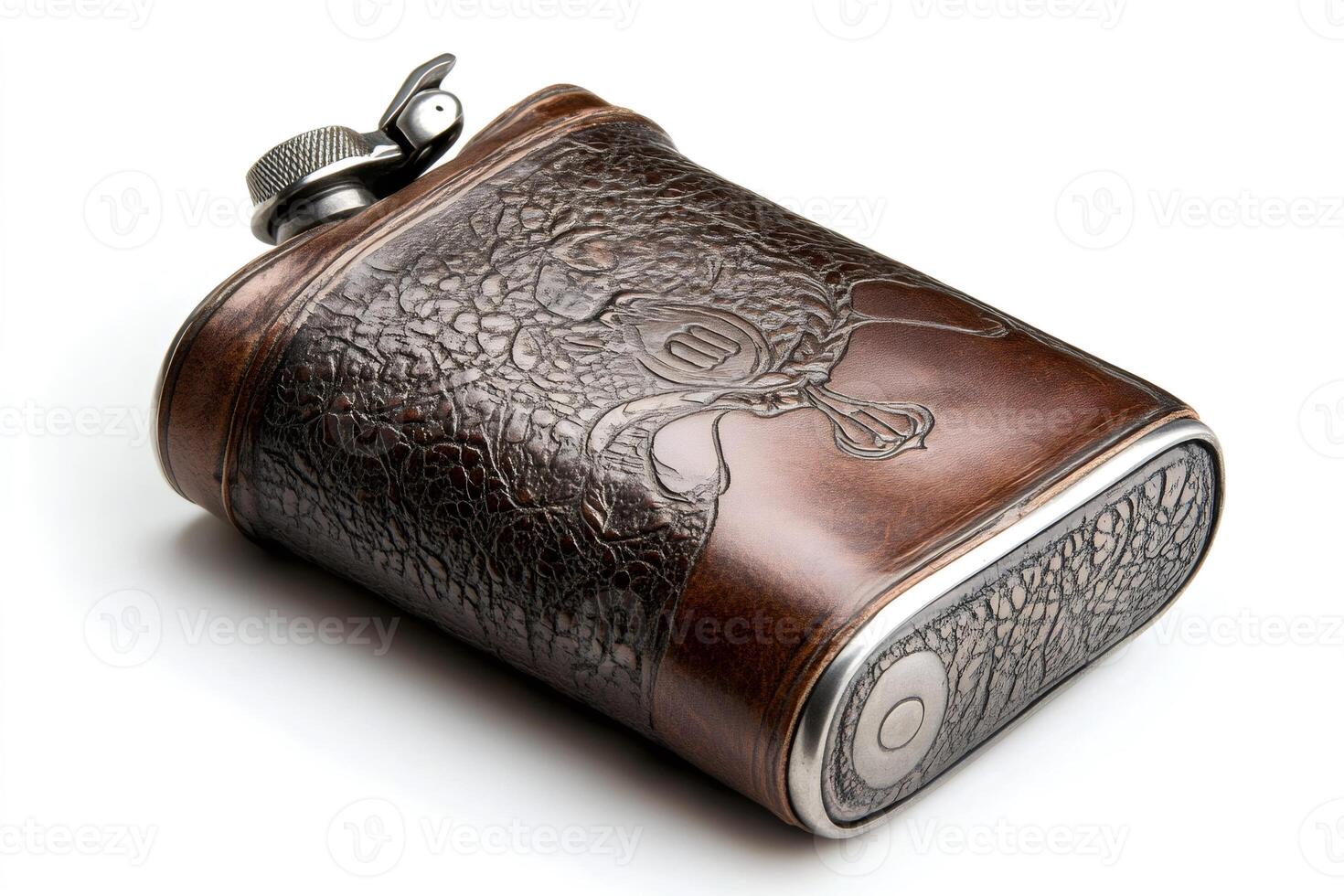 Elegant leather flask resting on white background with metallic cap open photo