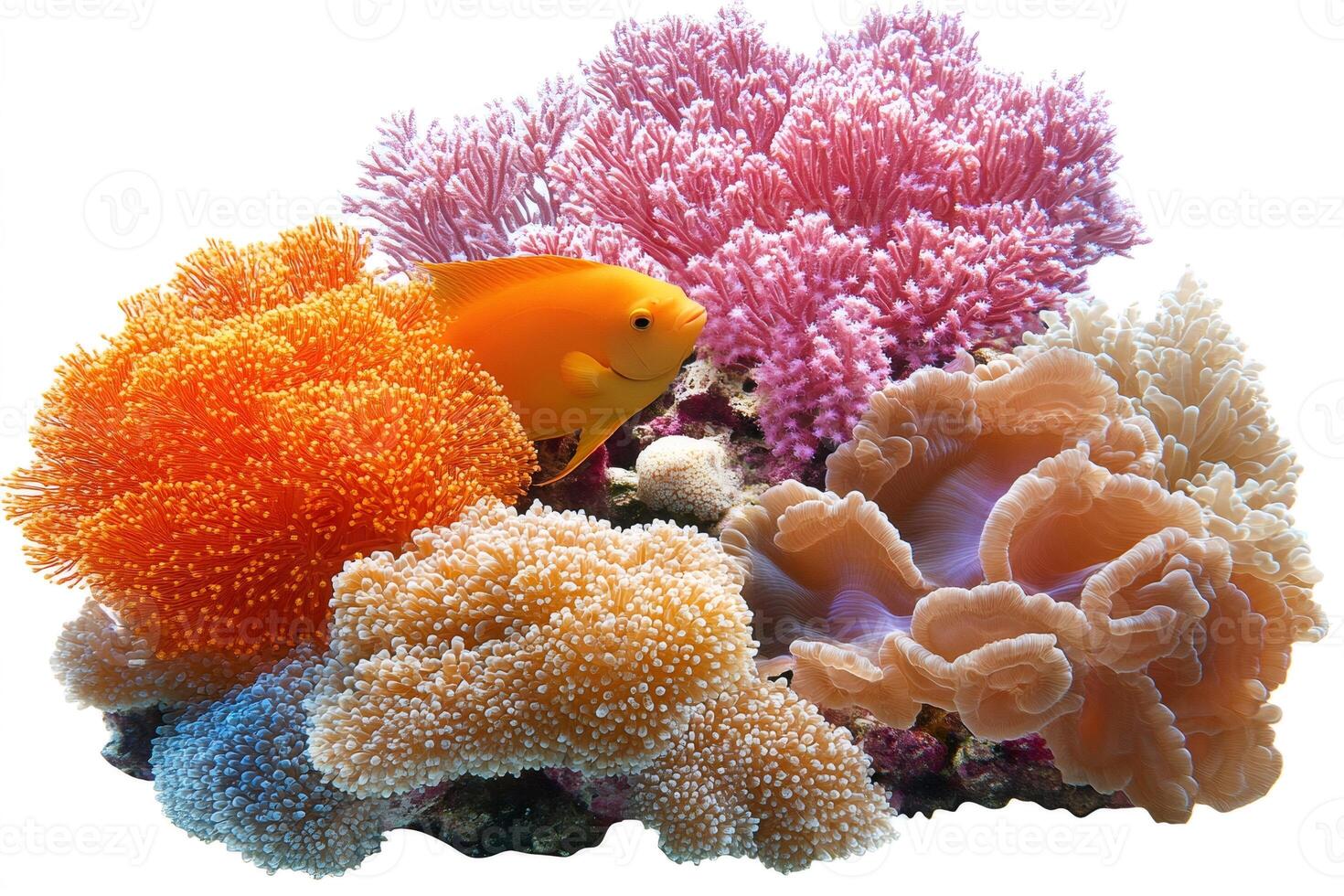 Orange fish swimming near colorful coral reef on white background photo