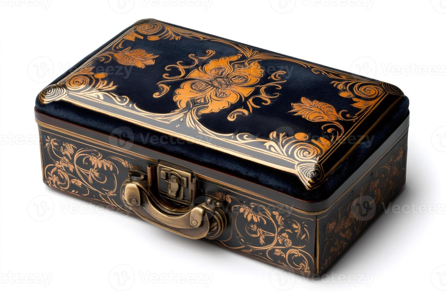 Luxurious black and gold decorated casket with velvet lid and metallic handle photo