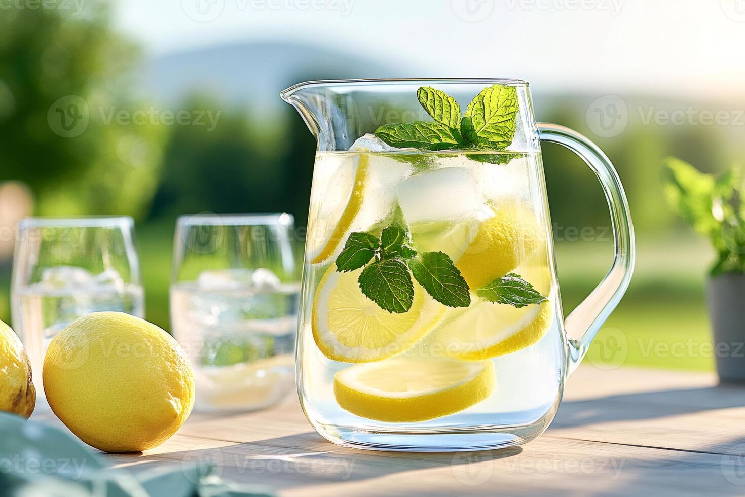 Refreshing lemonade with mint and ice cubes in a glass pitcher photo