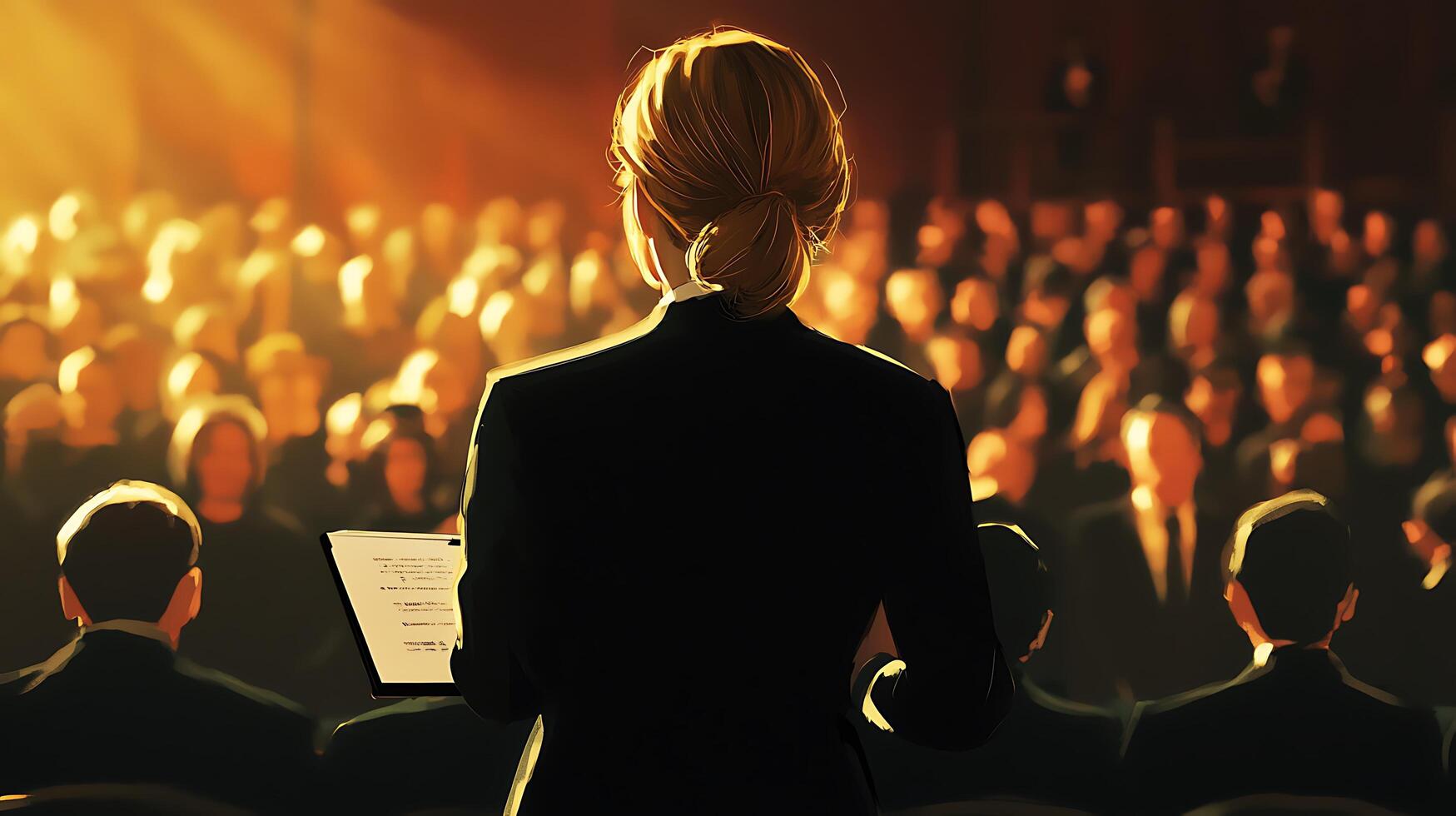 Woman Giving Speech to Audience with Bright Lighting in Background at Formal Event photo