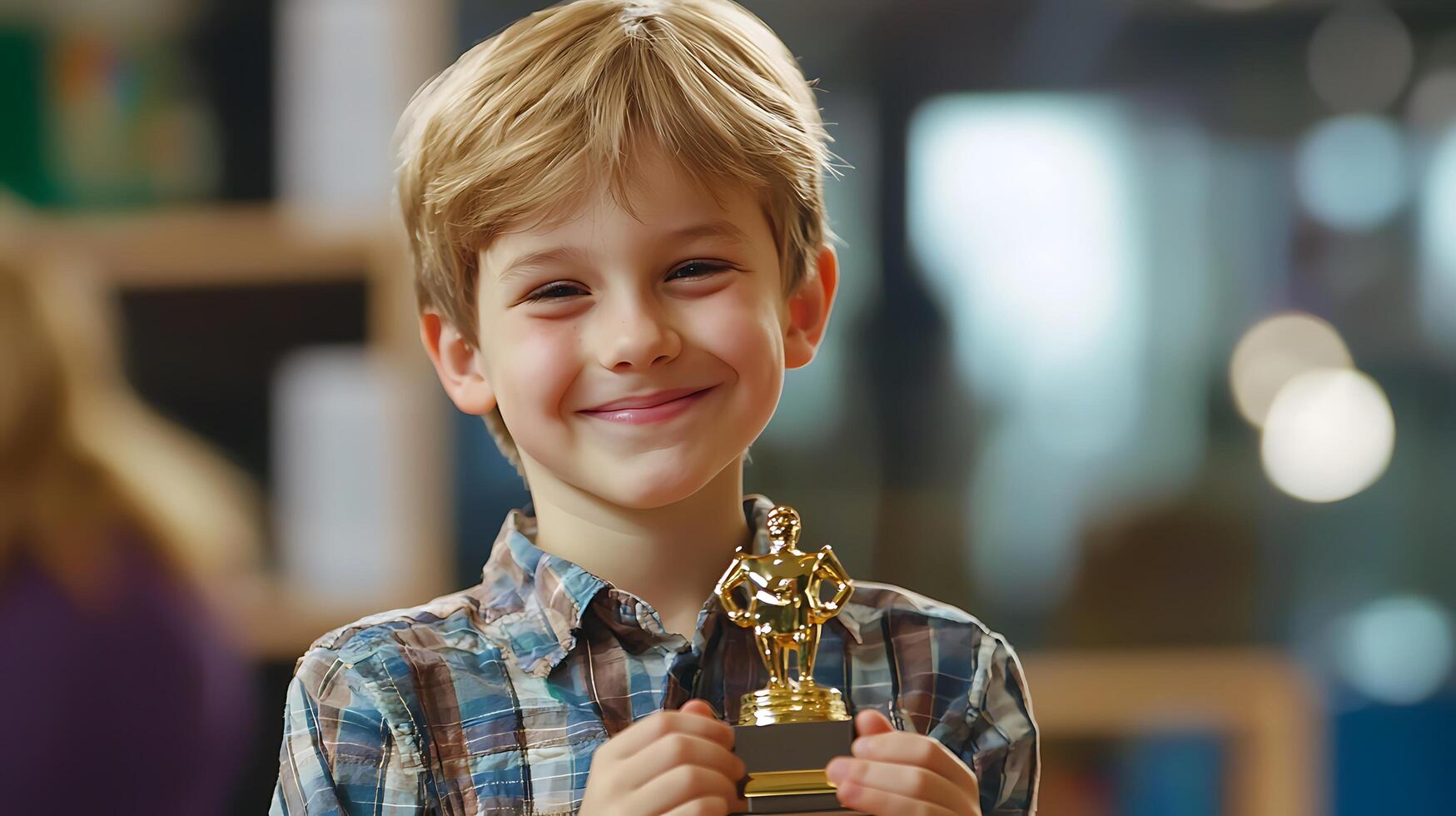 Cheerful boy proudly holding a trophy in a bright, playful atmosphere with soft lighting photo