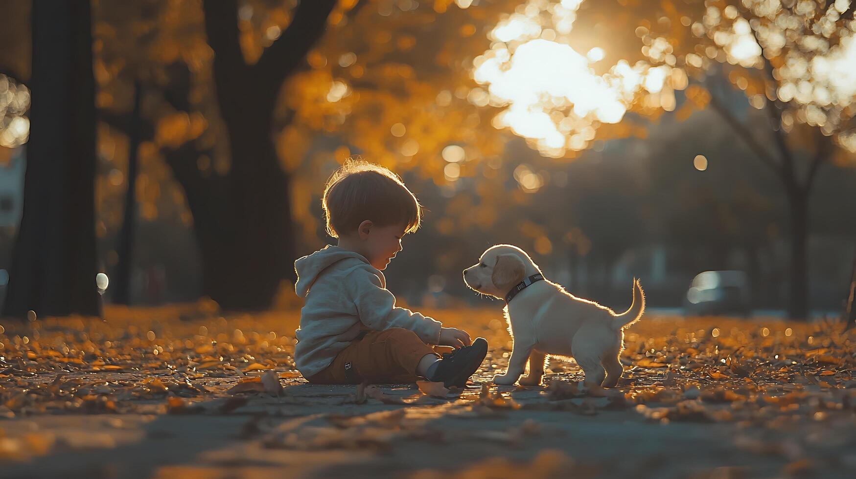 Child and Puppy Playing Together in Autumn Park Surrounded by Golden Leaves and Soft Light photo