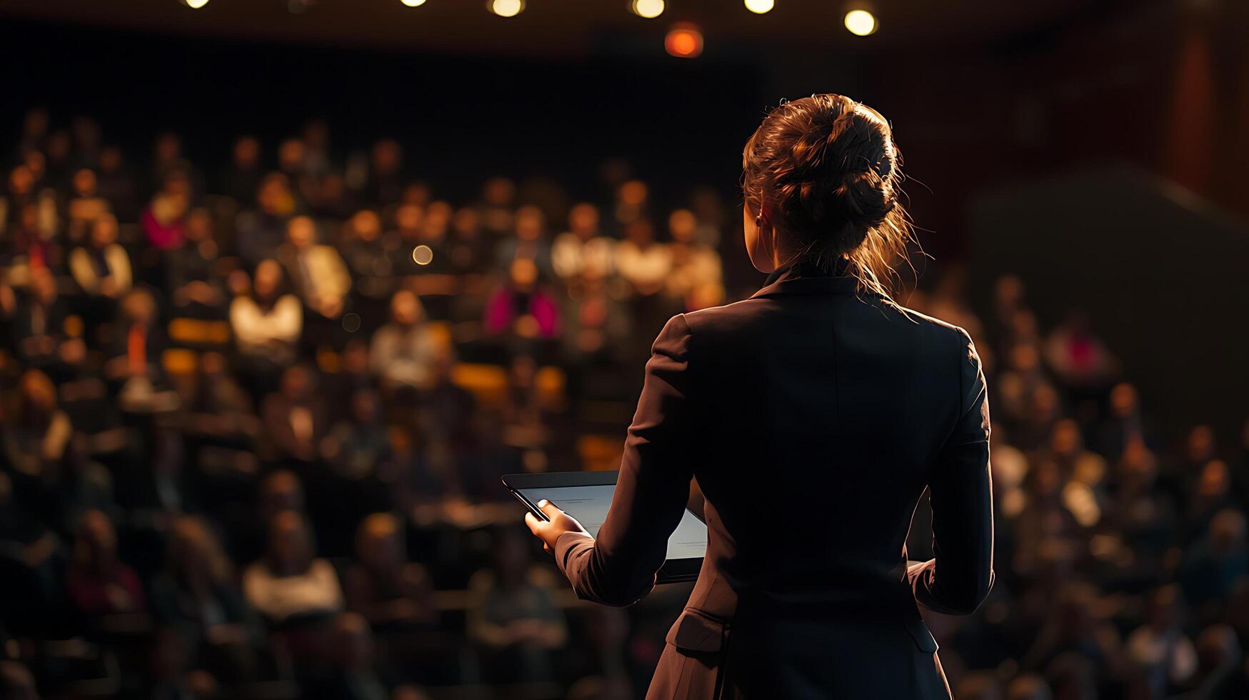 Woman Giving Presentation on Stage to Engaged Audience in Well-Lit Conference Hall photo