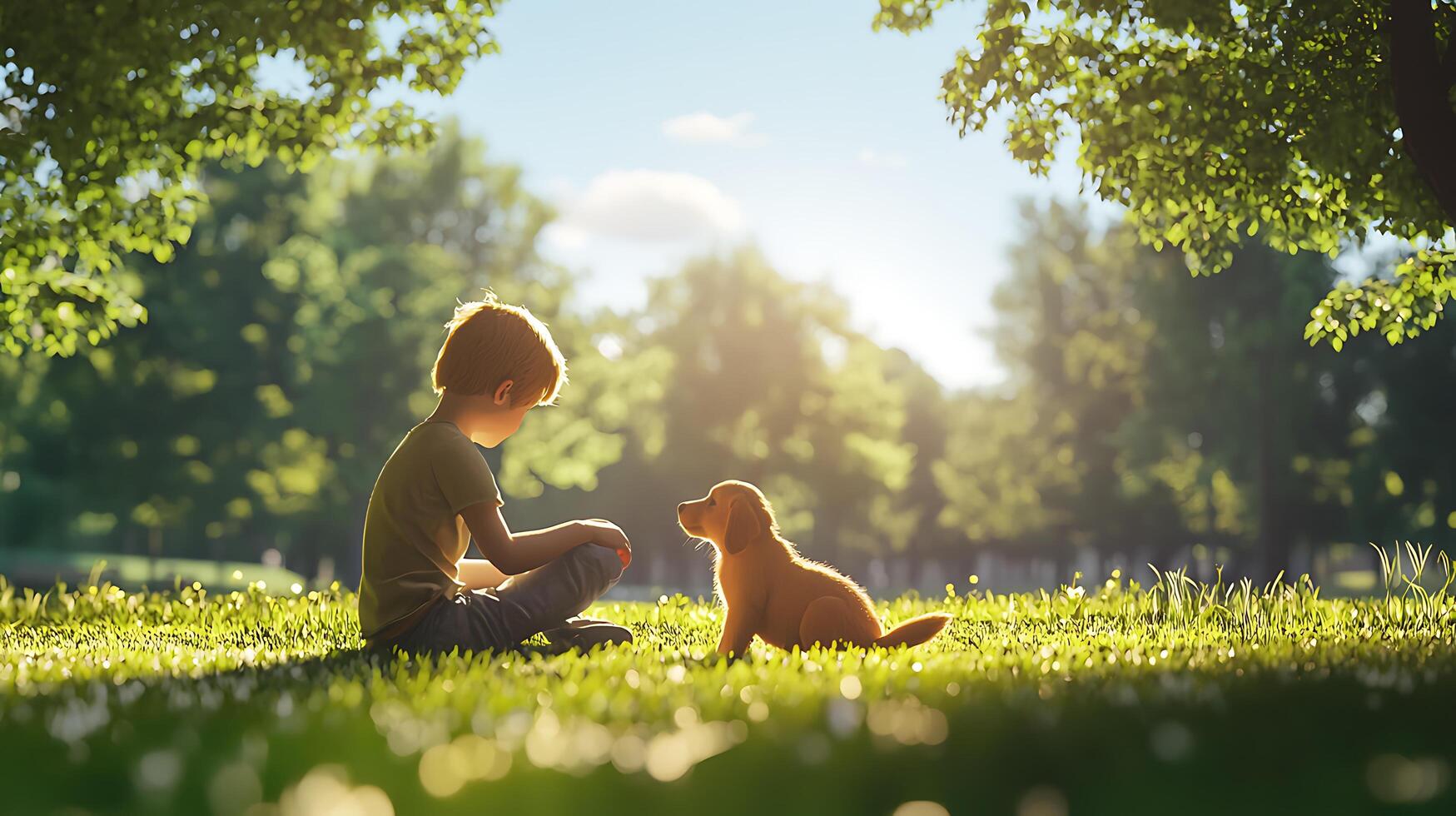 Boy Sitting on Grass with Puppy in Sunlight Surrounded by Trees and Soft Nature Scene photo