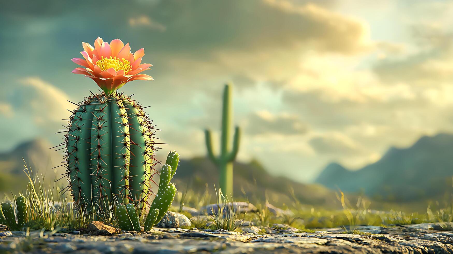 Beautiful Cactus with Pink Flower Against a Dramatic Sunset Landscape in the Desert photo