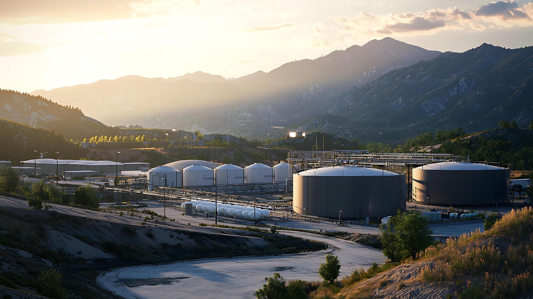 Industrial Storage Tanks and Mountain Landscape During Golden Hour in Scenic Environment photo