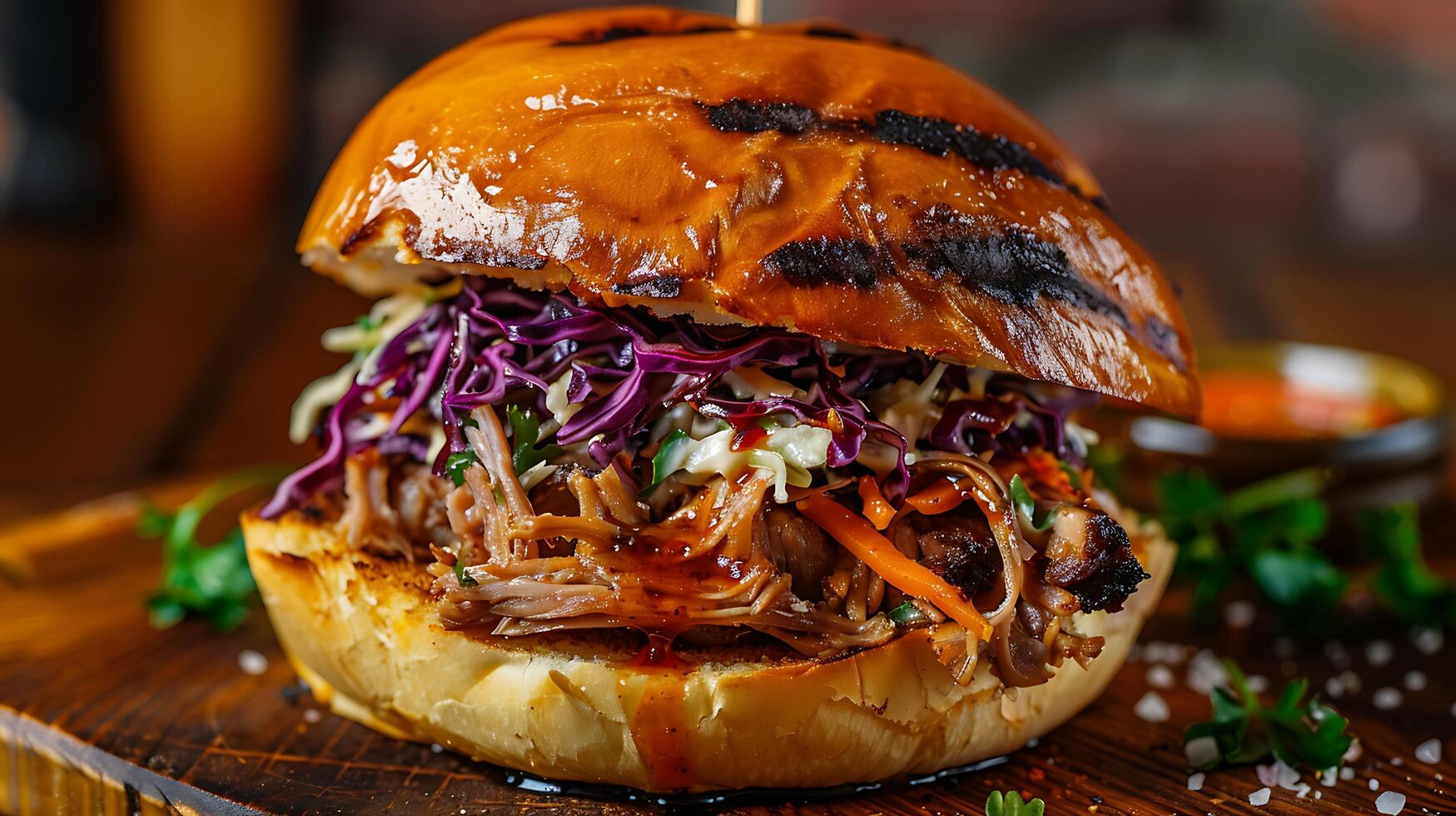 Delicious Grilled Burger with Pulled Pork and Coleslaw Served on a Wooden Board photo