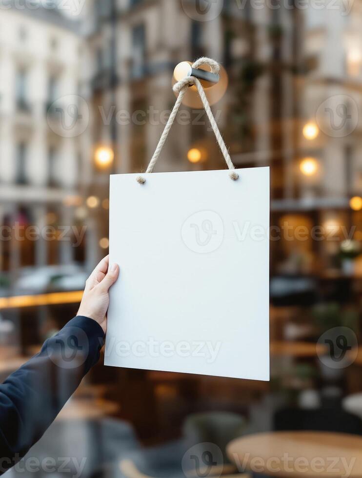 A person holding a blank sign in front of a window photo