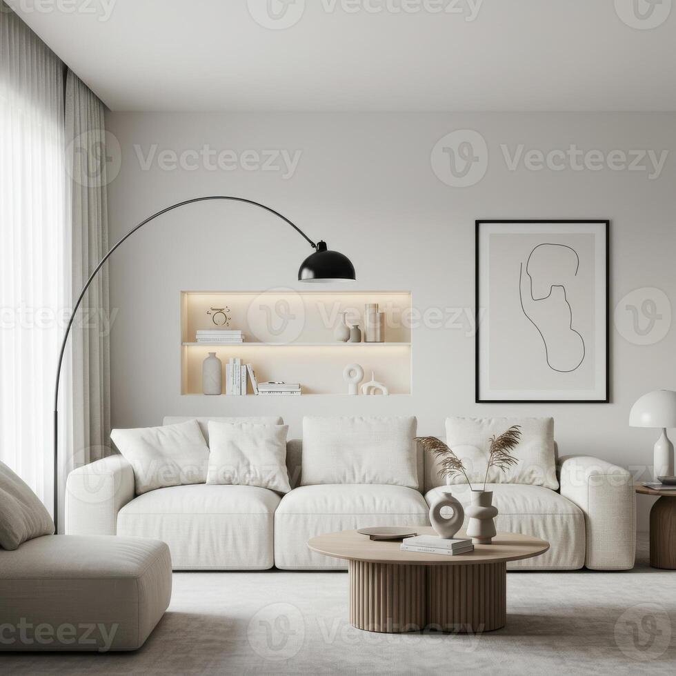 Interior frame setup, lounge wall decor sample. Modern home styling with artistic background. Chic and cozy ambiance. 3D modeled scene. photo