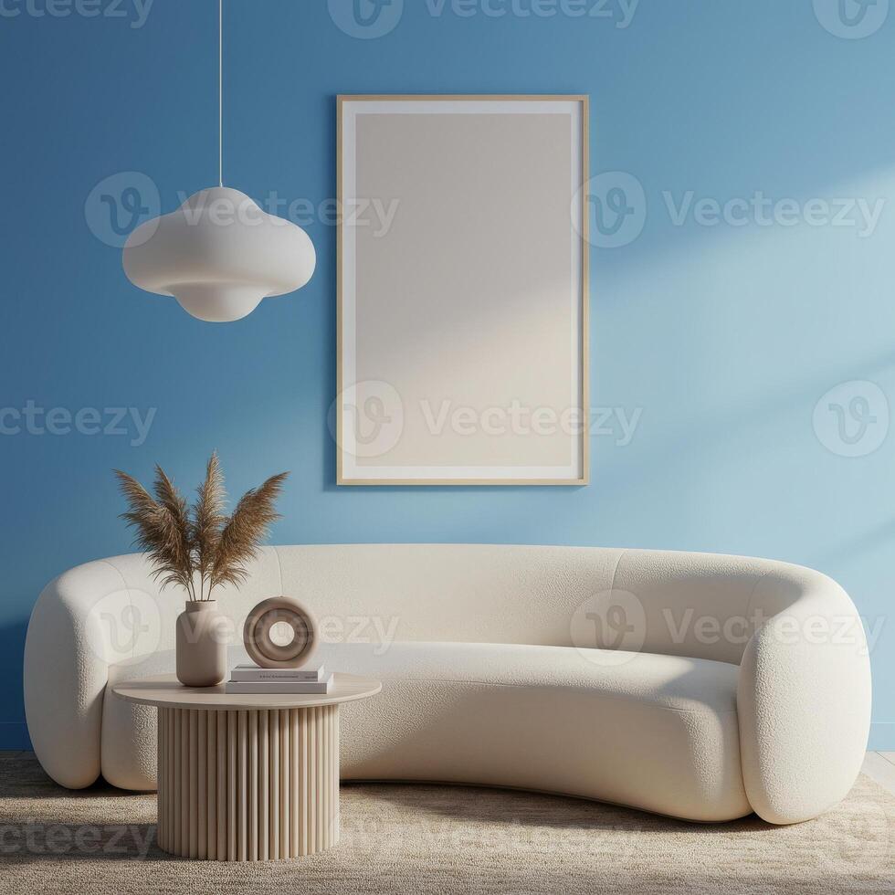 Poster showcase, modern lounge wall frame scene. Interior decor concept with house setting. Sleek design ambiance. 3D rendering. photo