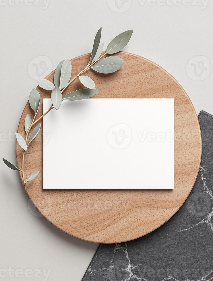 Blank card mockup on marble plate with eucalyptus branch photo