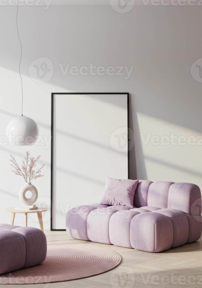 Living room decor, stylish wall frame preview. Elegant house setup with artistic furnishings. Modern ambiance visualization. 3D render. photo